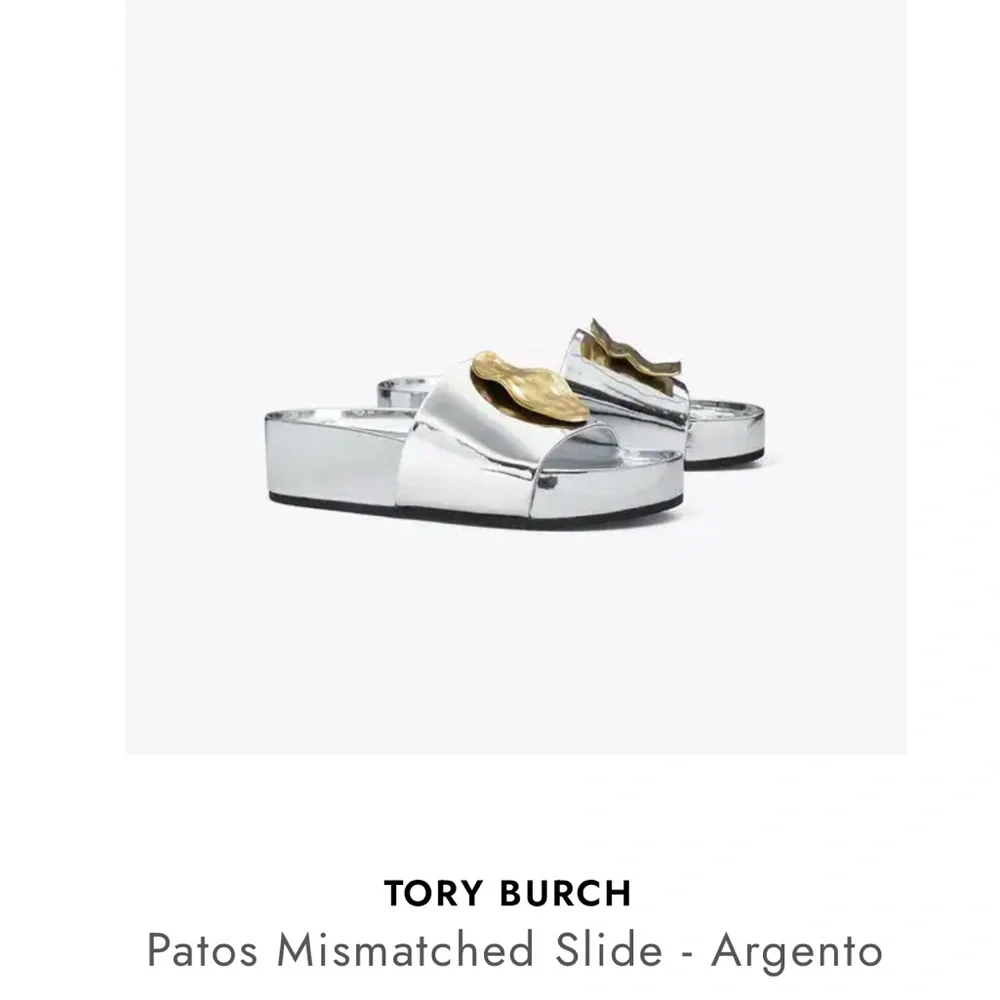 Tory Burch Silver Slides with Gold Detail - Picture 2 of 6